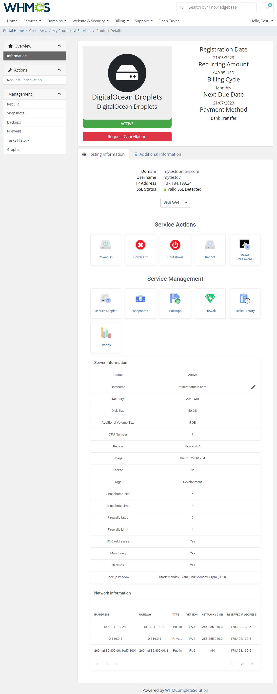 DigitalOcean Droplets For WHMCS: Module Screenshot 1