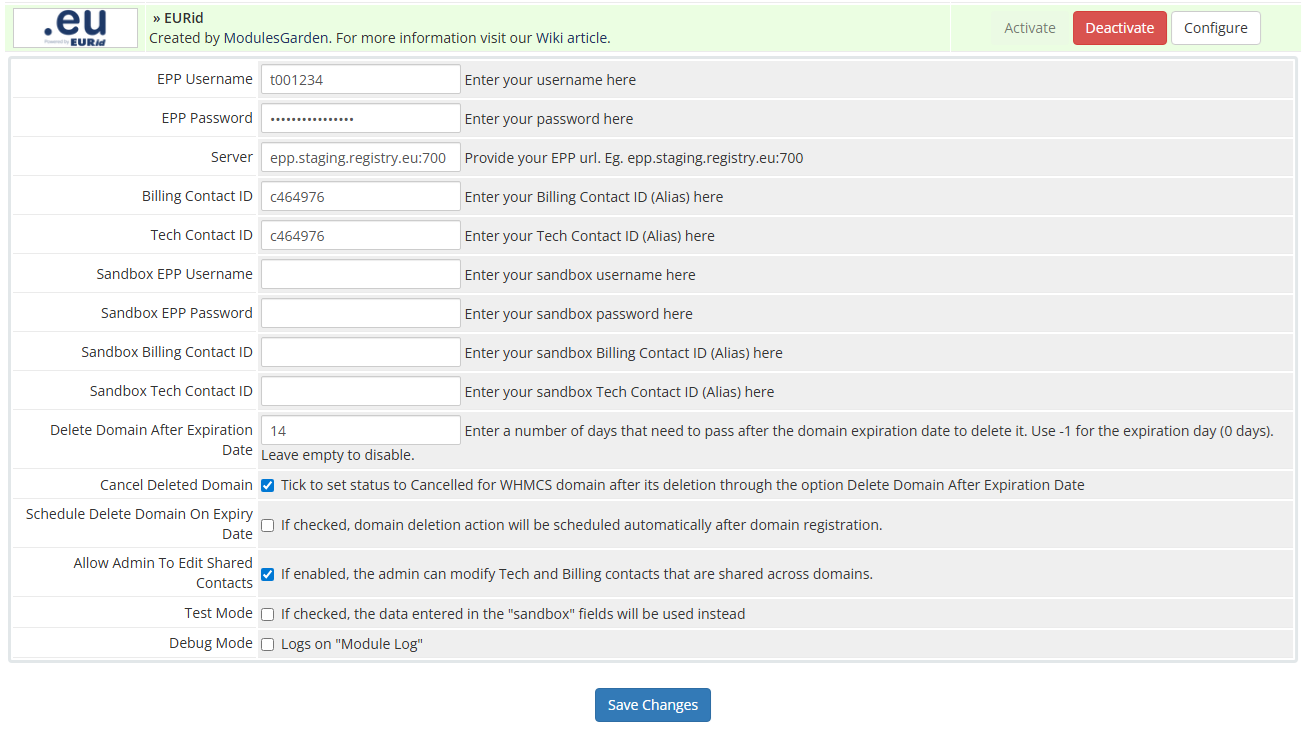 EURid Registrar For WHMCS: Screen 1